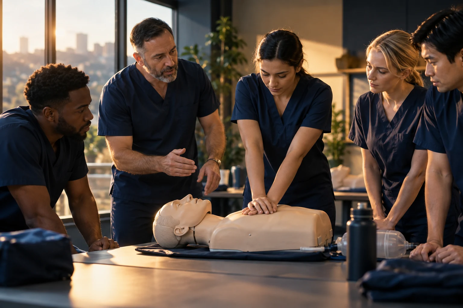 Illustrative healthcare team practising with a CPR manikin